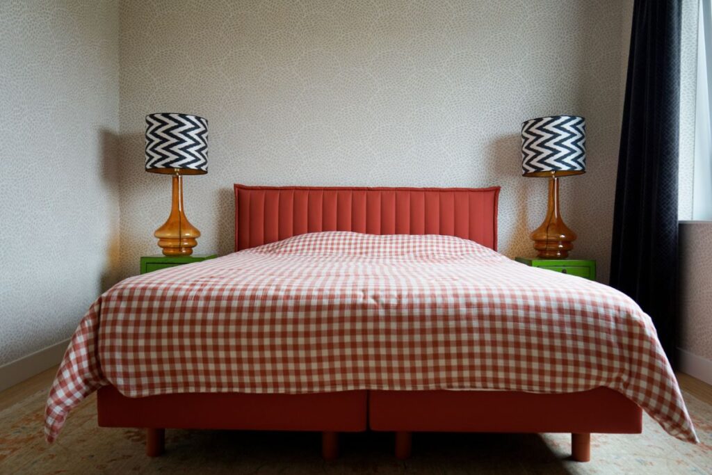 Slaapkamer met decoratief print behang, Perzisch tapijt, rood gestoffeerd bed met rood en wit geblokt dekbedovertrek en opvallende tafellampen.