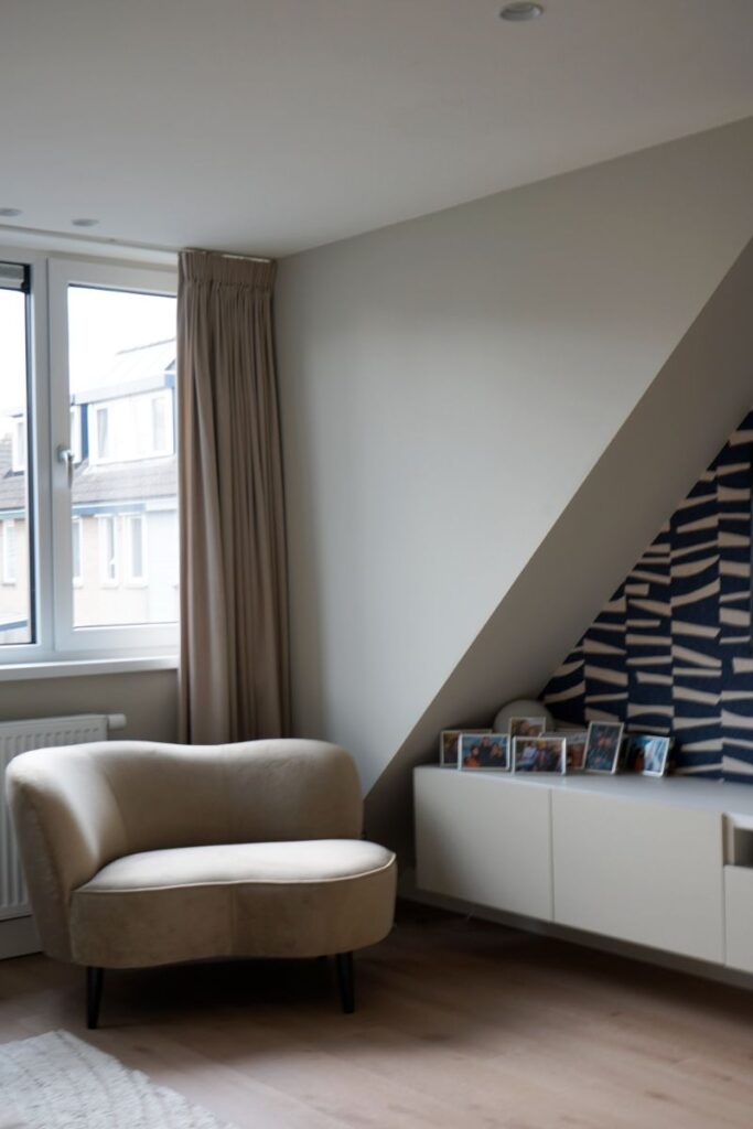 Witte muur en een donkerblauw met wit decoratief behang. Lichte pvc vloer. Beige chaise longue.