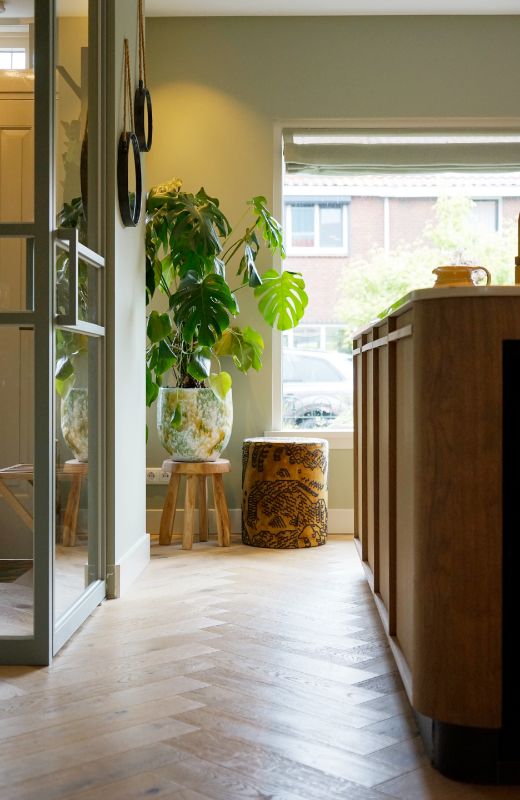Houten keukeneiland, grote kamerplant en groen staal.